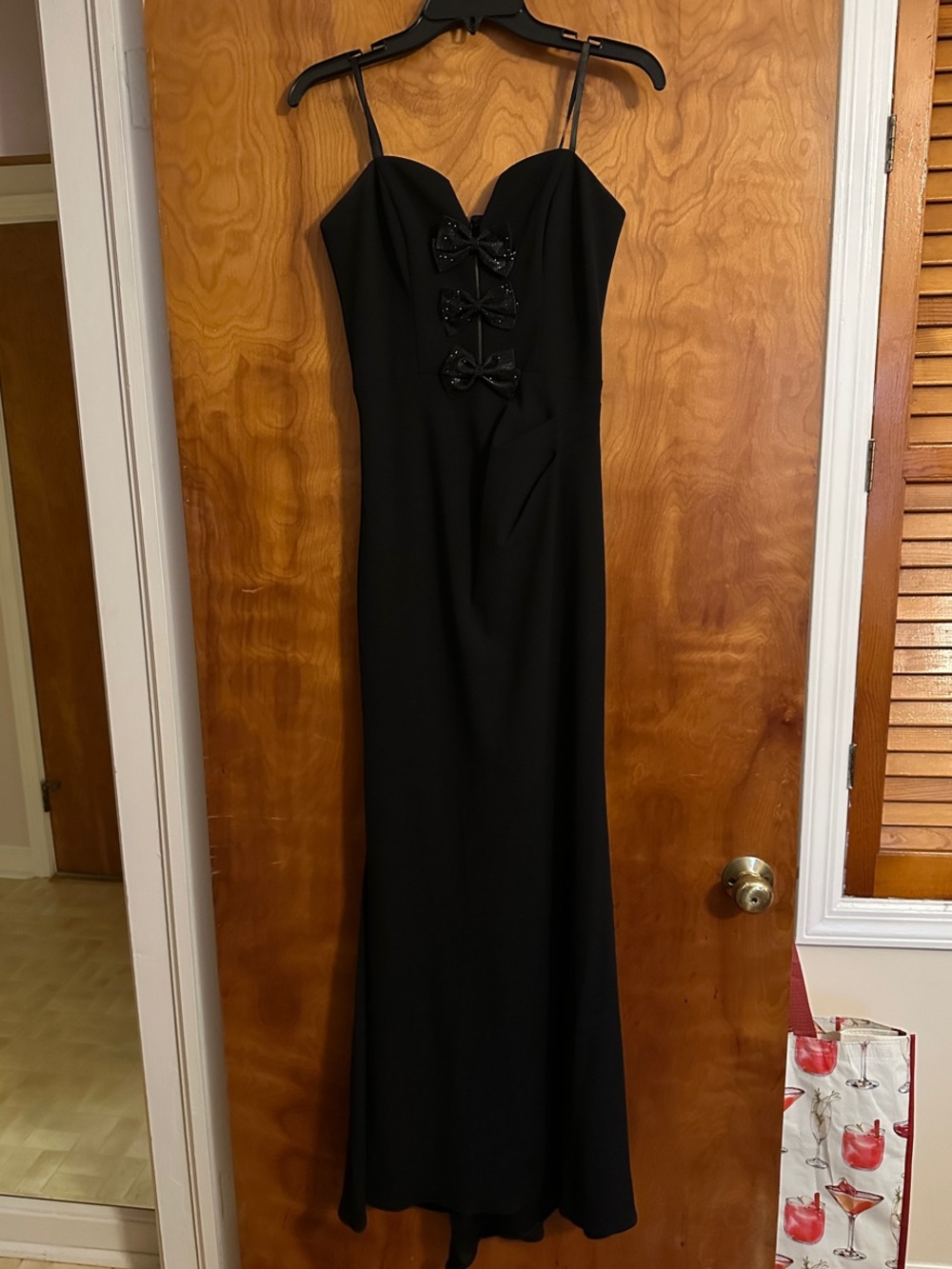 Aqua Black Strapless Gown with Front Bow Detail